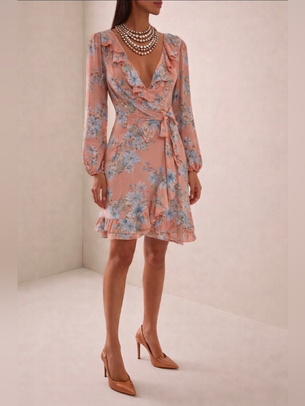 june & hudson Dusty Rose Floral Wrap Dress Size L NEW
